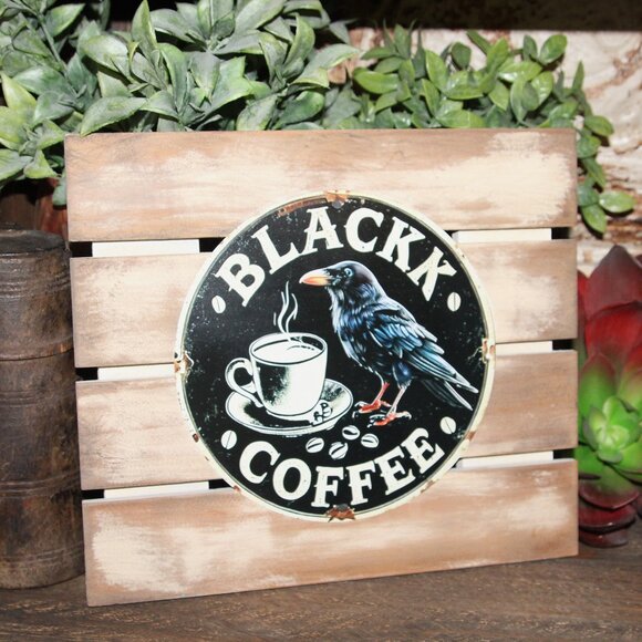 NEW Black Bird Raven Crow Black Coffee Rustic Farmhouse Kitchen Wall Decor Sign - Picture 1 of 4